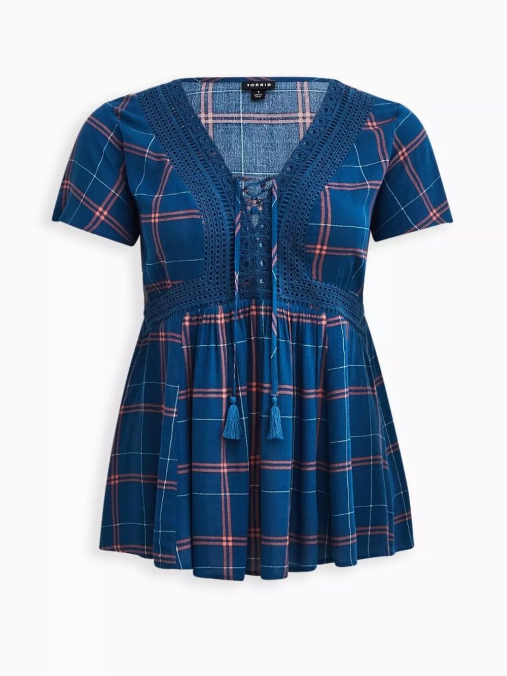 Torrid Blue Plaid Lace Up Babydoll Tunic Women's Plus Size 1 Gauze Boho